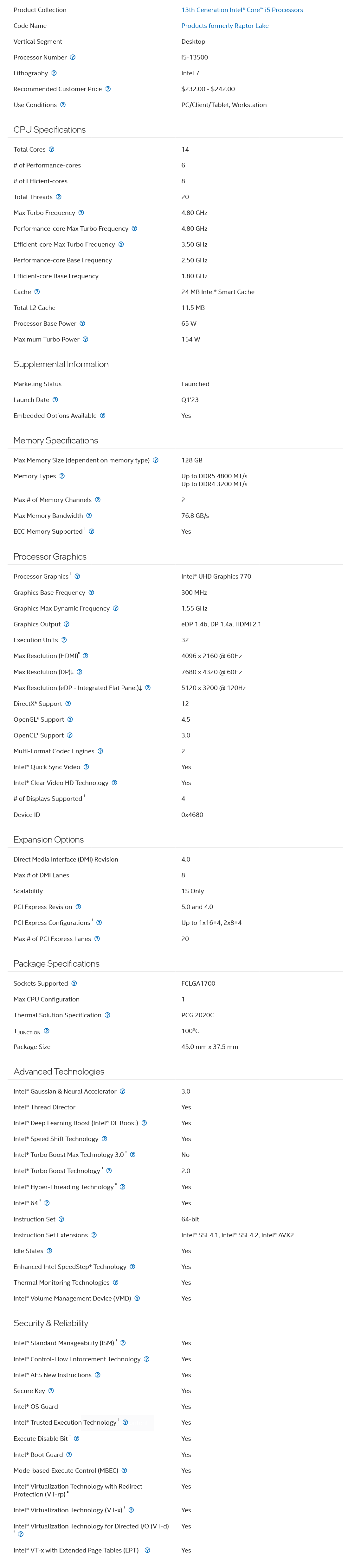 Intel Core i5-13500 Alder Lake 14-Cores 20-Threads ( 4.8 GHz Turbo